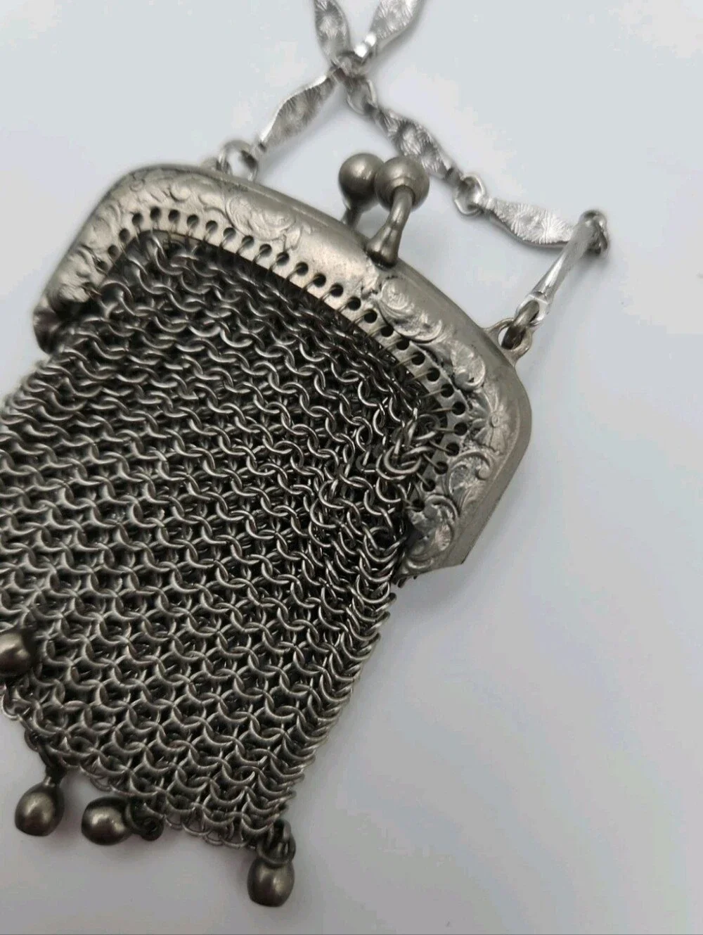 Vintage German Silver Mesh Evening Purse Chainmail Bag Ornate Frame Necklace